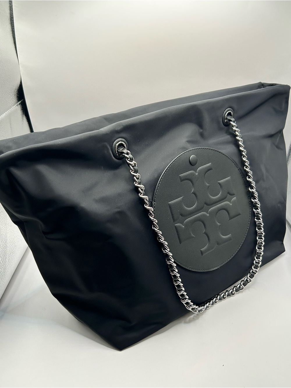 Tory Burch Ella Chain Black Logo Nylon Tote